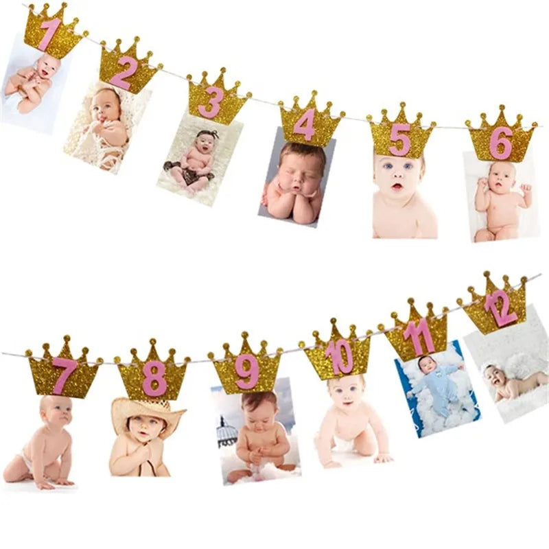 12 Months Photo Frame Banner First Happy Birthday Party Decorations