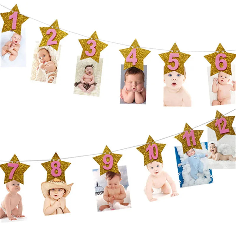 12 Months Photo Frame Banner First Happy Birthday Party Decorations