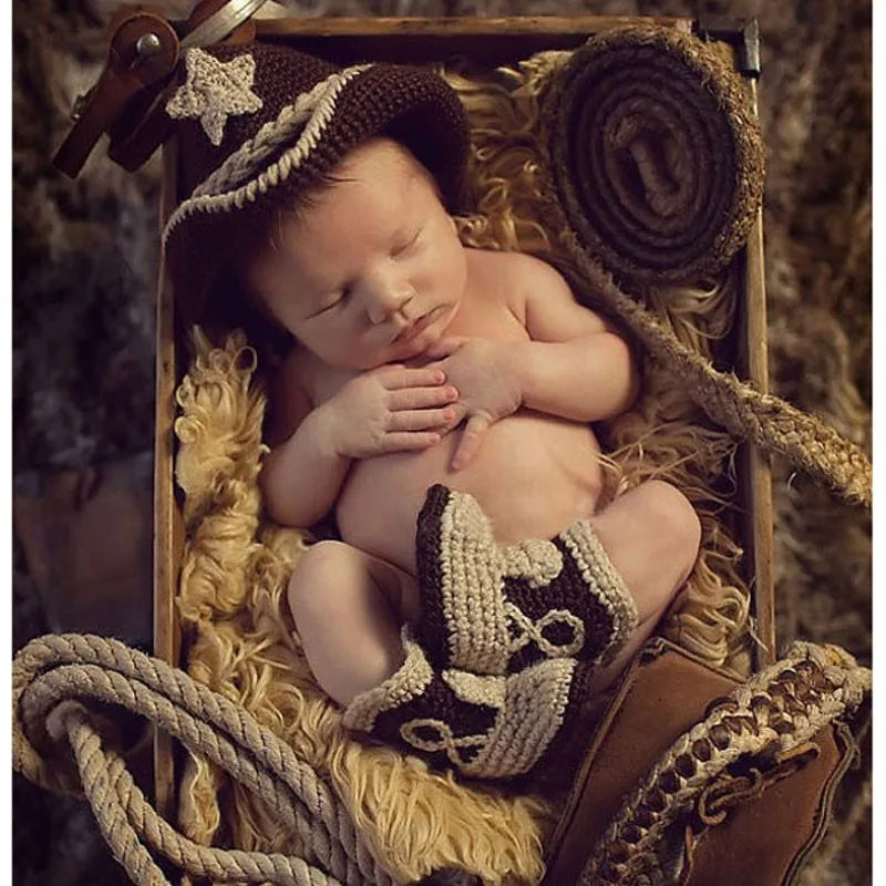 Crochet Baby Cowboy Handmade Knitted Hat and Boots Set