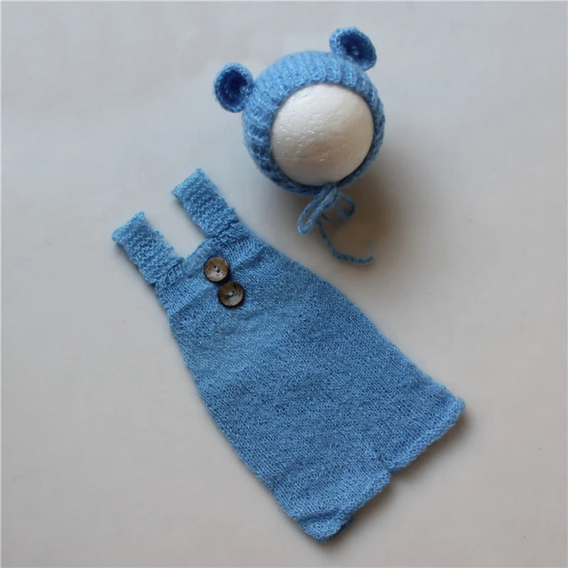 Newborn Baby Infant Cute Bear Hat and Overalls Set Soft Mohair
