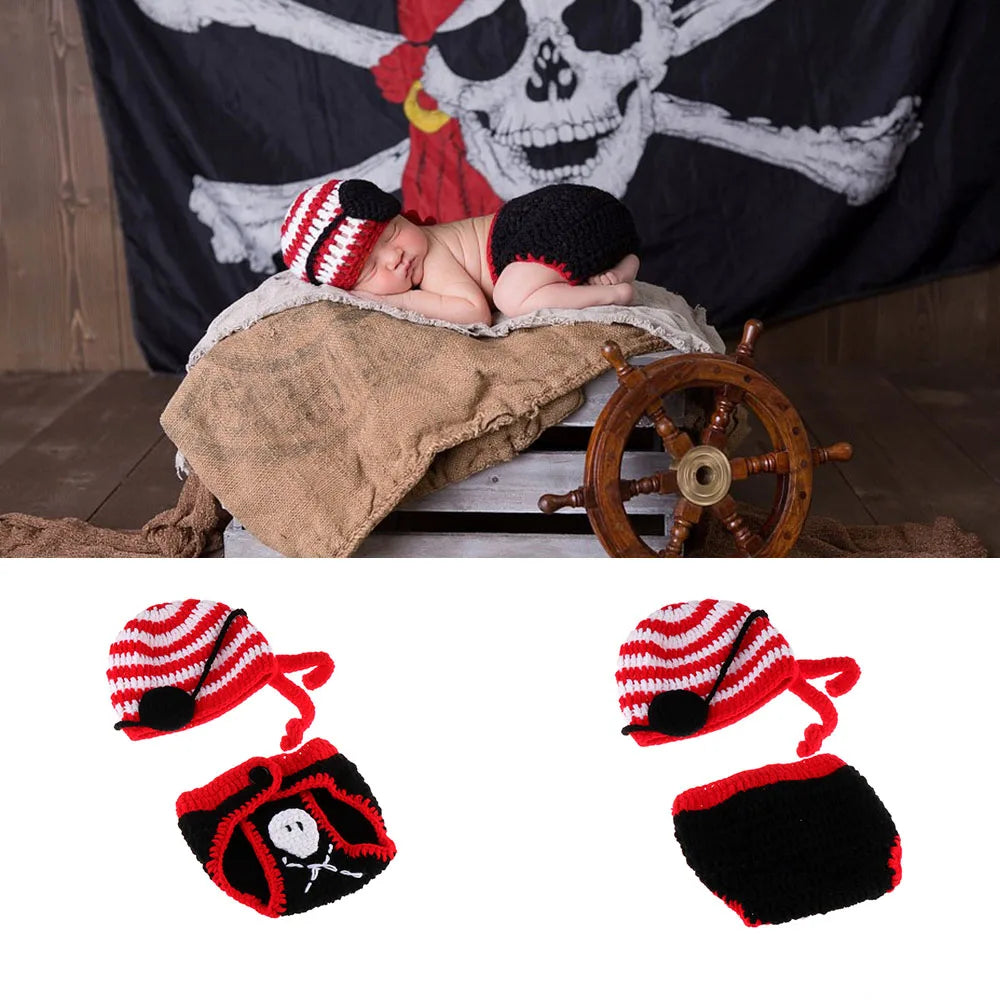 Pirate Newborn Baby Crochet Knit Handmade Hat Diaper Cover Outfits