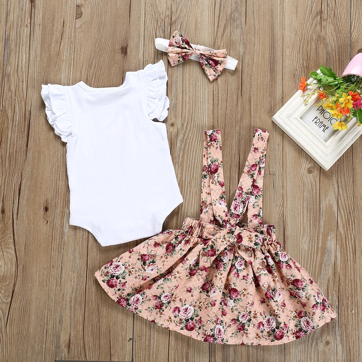 2024 Summer Newborn Baby Girl Floral Dress Overalls Headband Outfit