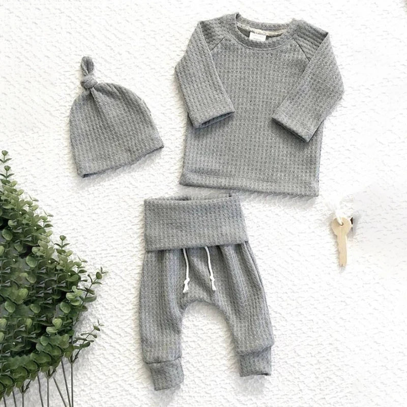 3pcs Infant Newborn Baby Warm Waffle Bodysuits+elastic Pants