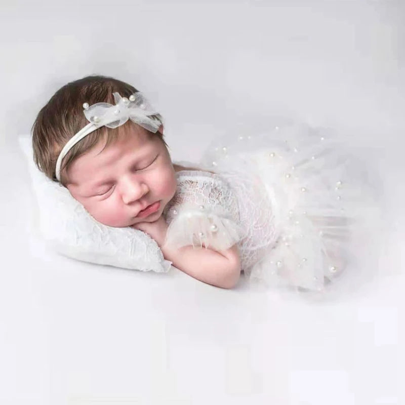 2 Pcs/Set Baby Girl Clothes Newborn Photography Props Lace Romper Jumpsuit Headbands Accessories Set for Photo Shooting Outfits