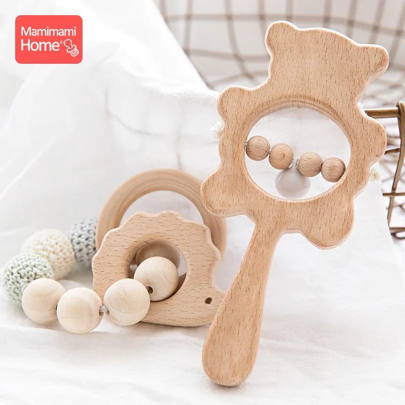 1Set Baby Toys Music Rattle Wood Crochet Bead Bracelet Wooden Newborn Gift