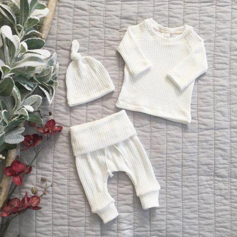 3pcs Infant Newborn Baby Warm Waffle Bodysuits+elastic Pants