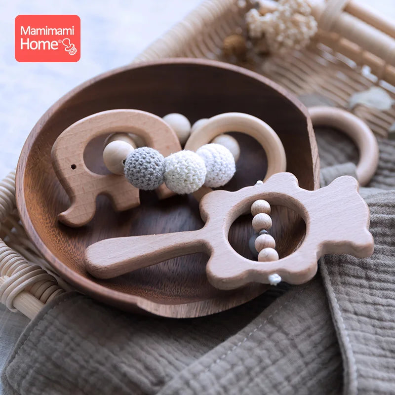 1Set Baby Toys Music Rattle Wood Crochet Bead Bracelet Wooden Newborn Gift