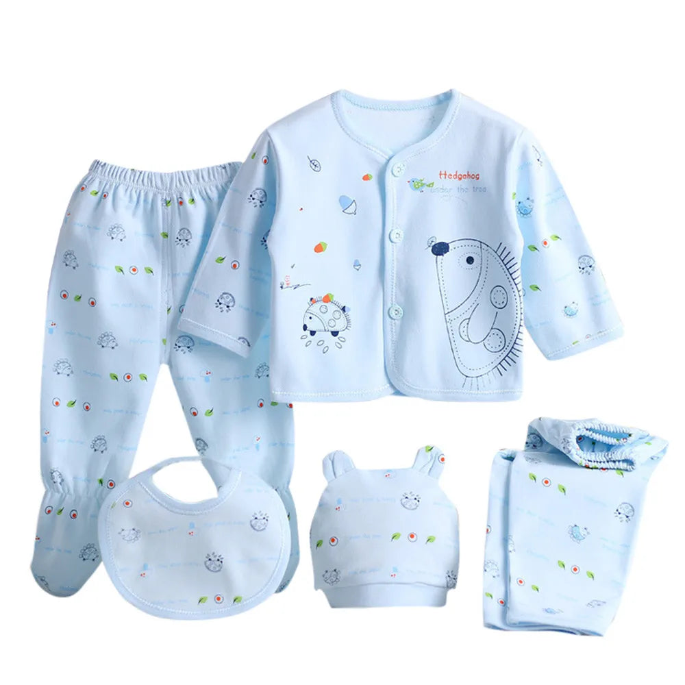 5pcs Newborn Baby Tops+hat+pants +bib Outfits Set From 0 To 3 Months