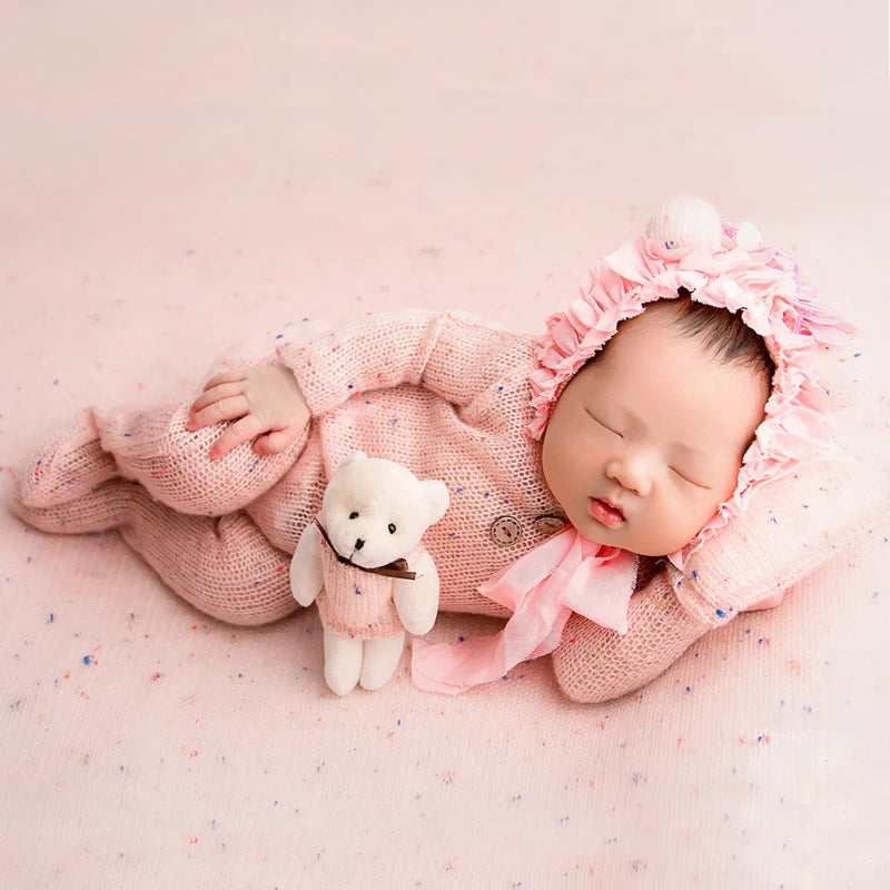 4pcs/set Baby Flower Hat Jumpsuit Romper Pillow Bear Doll Photo Props