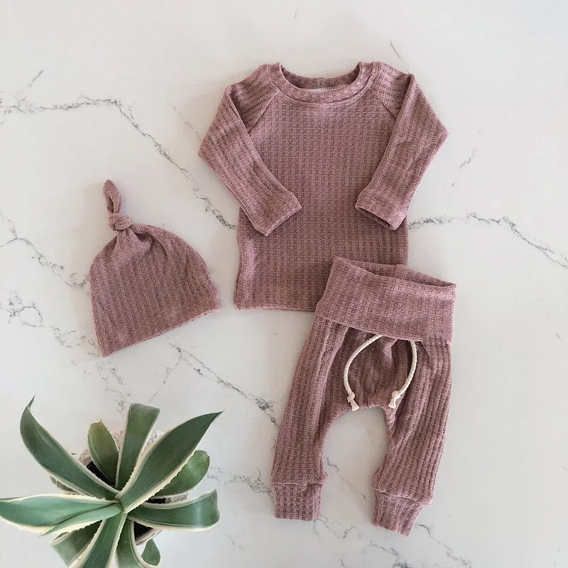 3pcs Infant Newborn Baby Warm Waffle Bodysuits+elastic Pants