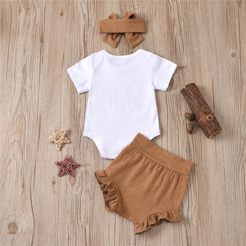 2022 Summer Newborn Baby Girls Clothes Baby Letter Bodysuit Top+PP Shorts+headband Outfits Set Roupa 3-18 Months Clothing
