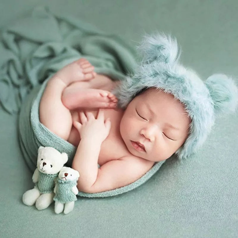 3 Pcs/set Newborn Photography Prop Fluffy Stretch Knit Wrap with Cute Rabbit Fur Hat Teddy Bear Toy Baby Blanket Costume