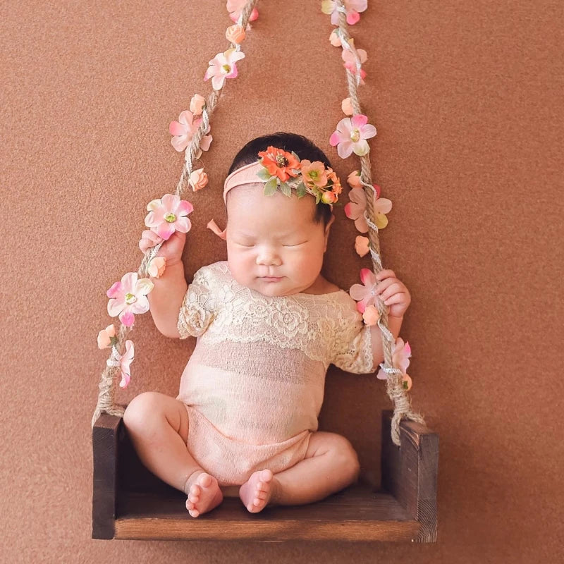 Newborn Photography Props Wooden Swing with Flower Vine