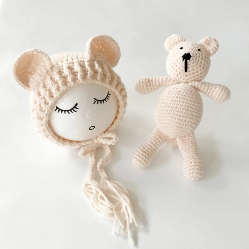 0-2Month Knitted Wool Baby Bear Hat Set Accessories