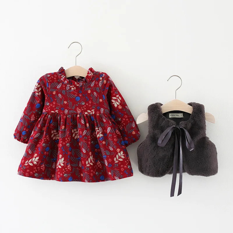 Fur Vest+Princess Party Flowers Velvet Dress