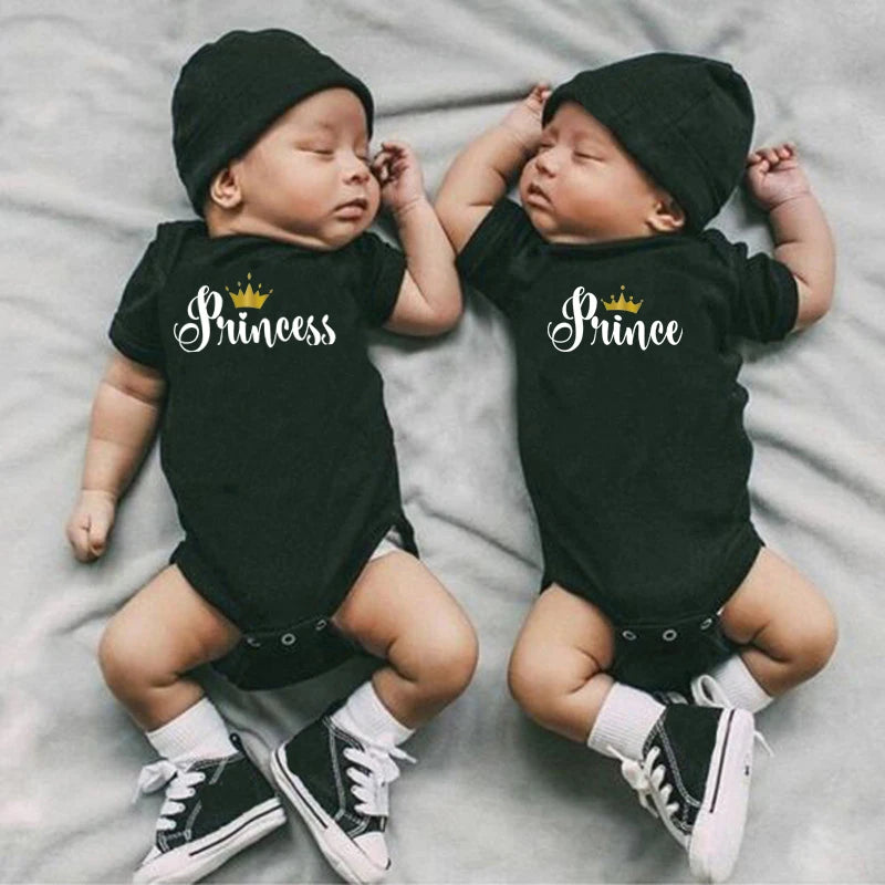 Prince Princess Printed Newborn Twins Bodysuits Cotton Outfits