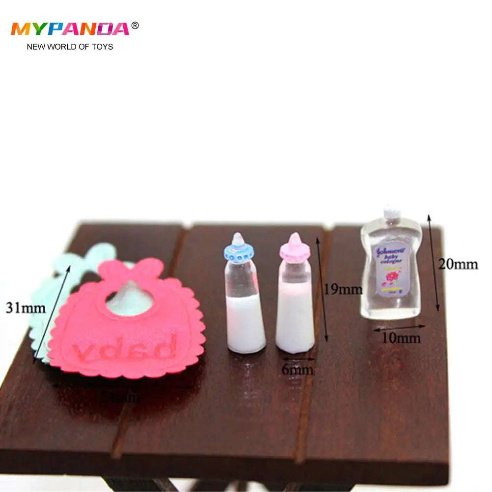 1set 1:12 Dolls House Miniature Baby Bottles Shampoo Bibs Set