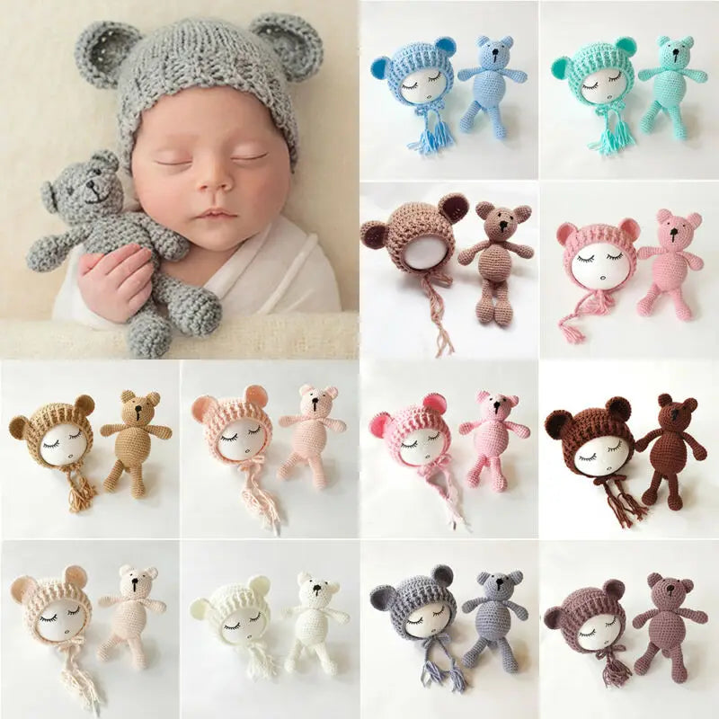 0-2Month Knitted Wool Baby Bear Hat Set Accessories