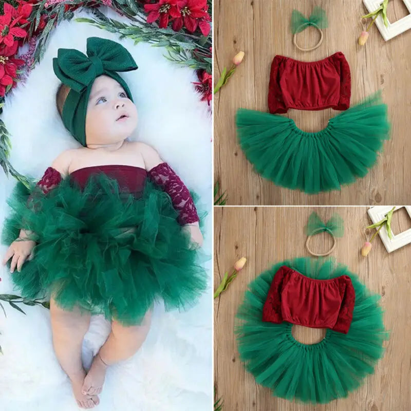 Infant Baby Girls Princess Christmas Clothes Lace Patchwork