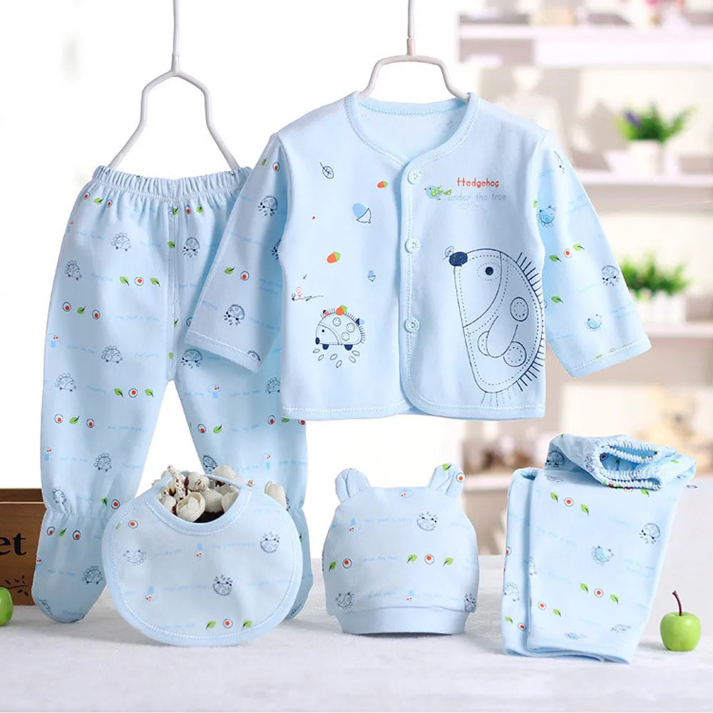 5pcs Newborn Baby Tops+hat+pants +bib Outfits Set From 0 To 3 Months