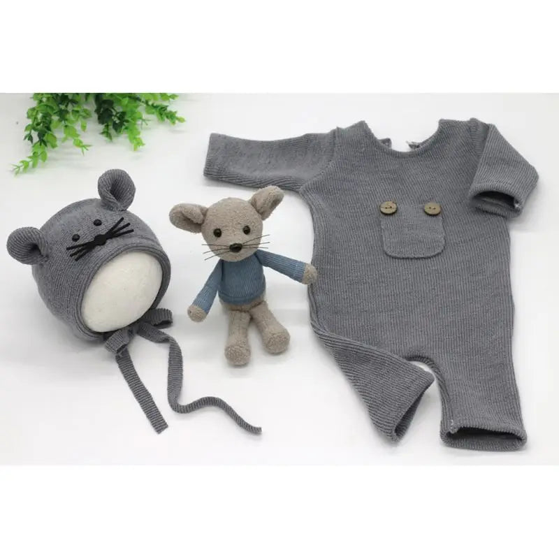 3 Pcs/Set Newborn Photography Props Suit Knitted Cotton Jumpsuit Hat Mouse Doll Infant Photo Shooting Clothes Outfits