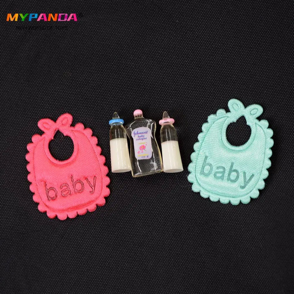 1set 1:12 Dolls House Miniature Baby Bottles Shampoo Bibs Set