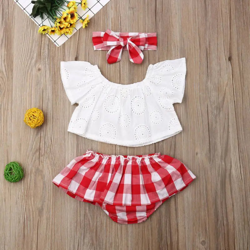 3Pcs Set 0-24M Summer Off Shoulder Tops+ Red Dress Headband Outfit