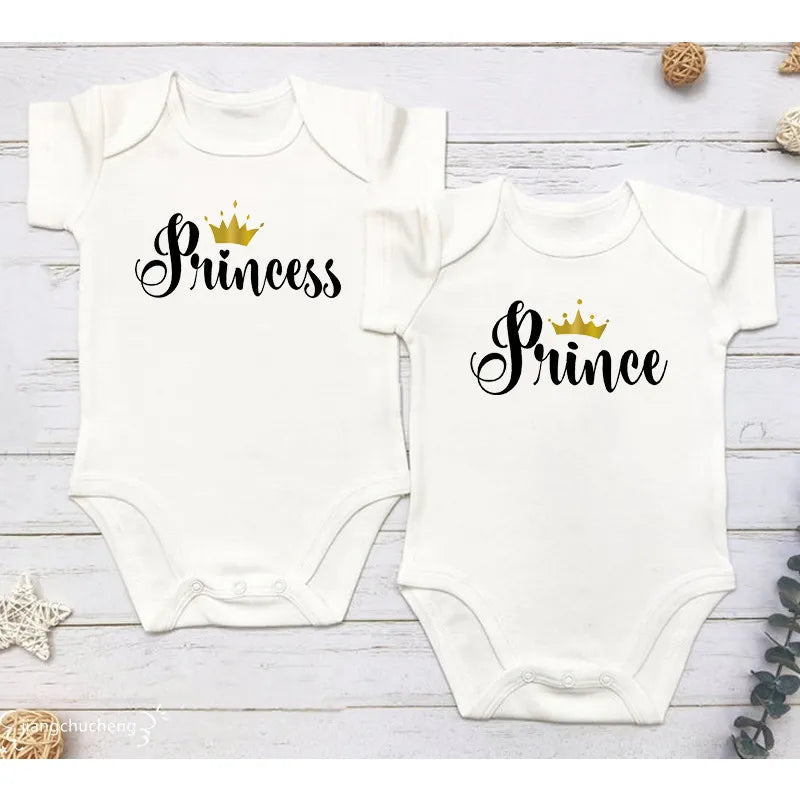 Prince Princess Printed Newborn Twins Bodysuits Cotton Outfits
