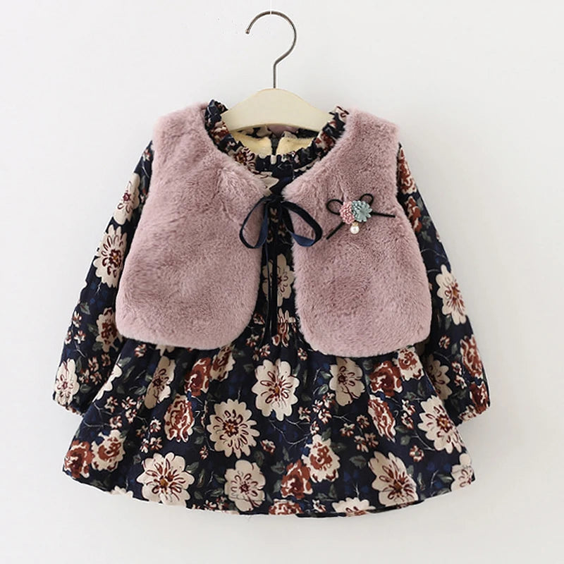 Fur Vest+Princess Party Flowers Velvet Dress