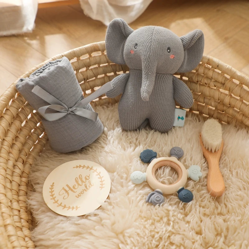 Baby Crochet Rattle Elephant Teething Toys Cotton Towel Gift Box