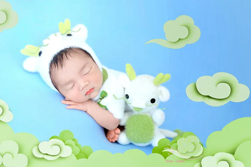 Newborn White Dragon Hat+Jumpsuit+Doll Sets Baby Photo Props
