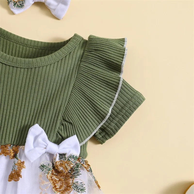 0-2Y Knit Rib Ruffles Crew Neck Dress with Bow Headband