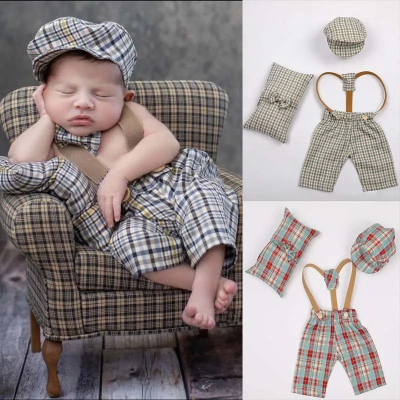 4Pcs Newborn Baby Photography Clothing Set Fashion Plaid Inafnt Girls Boys Photography Props Baby Souvenirs Newborn Props