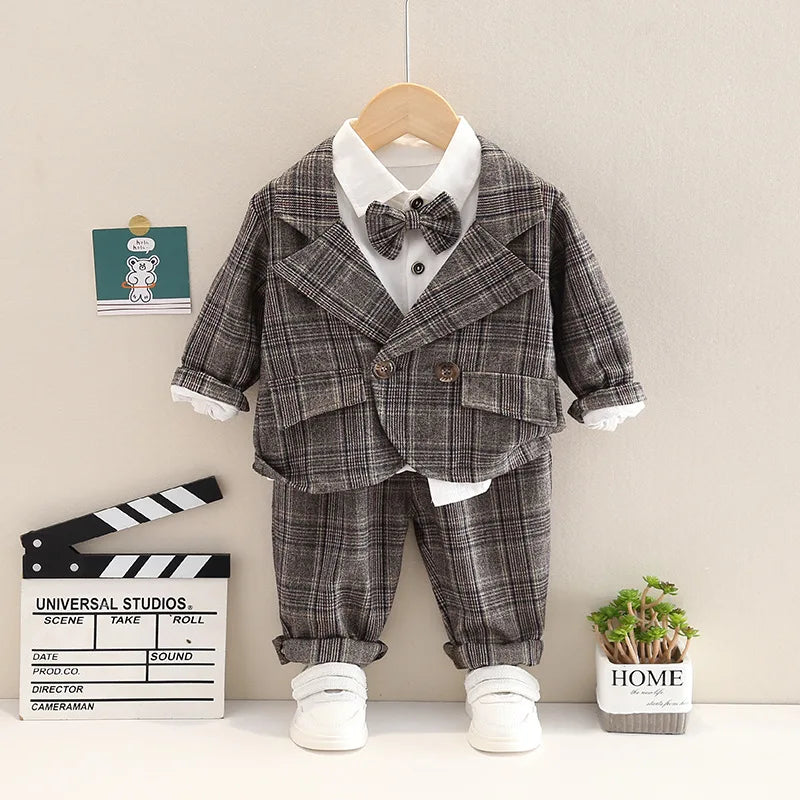 Autumn 0-5-year-old baby lattice long sleeve gentleman suit
