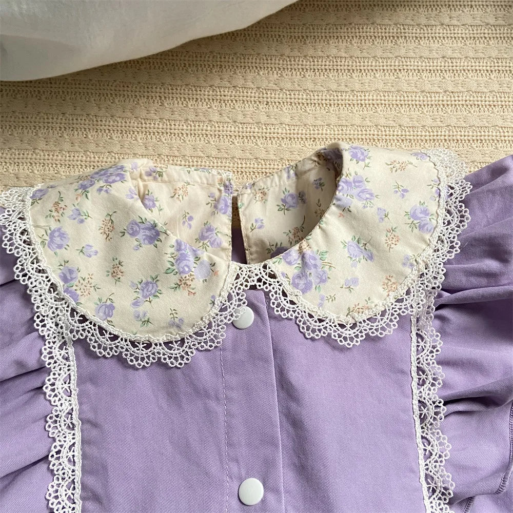 2024 Korean 2PCS Set Cotton Floral Shirts Purple Pants Suit