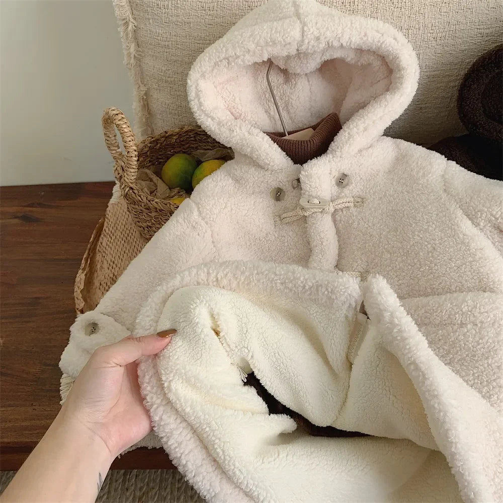 2023 Winter New Baby Winter Fleece Jackets Toddler Kids Fashion Plush Thicken Warm Long Coats Korean Baby Girls Hooded Jacket