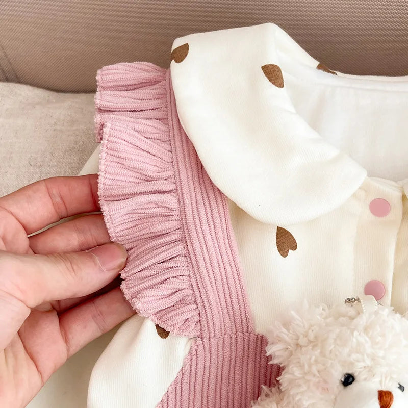 2023 Autumn Winter Infant Girls Plush Heart Printed Jumpsuit Baby Girls Cartoon 3D Bear Romper Toddler Girls Warm Bodysuit