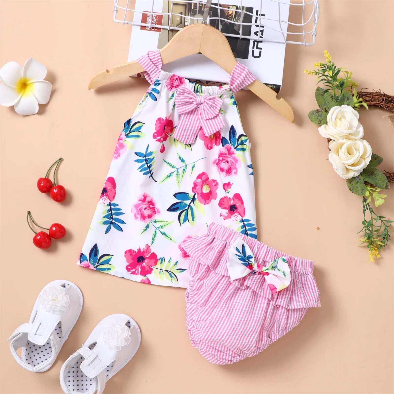 3 6 9 12 18 24 Months Newborn Baby Girls Clothes Sets Floral Print Summer Sleeveless Tops+PP Shorts Sets Infant Outfits Clothes