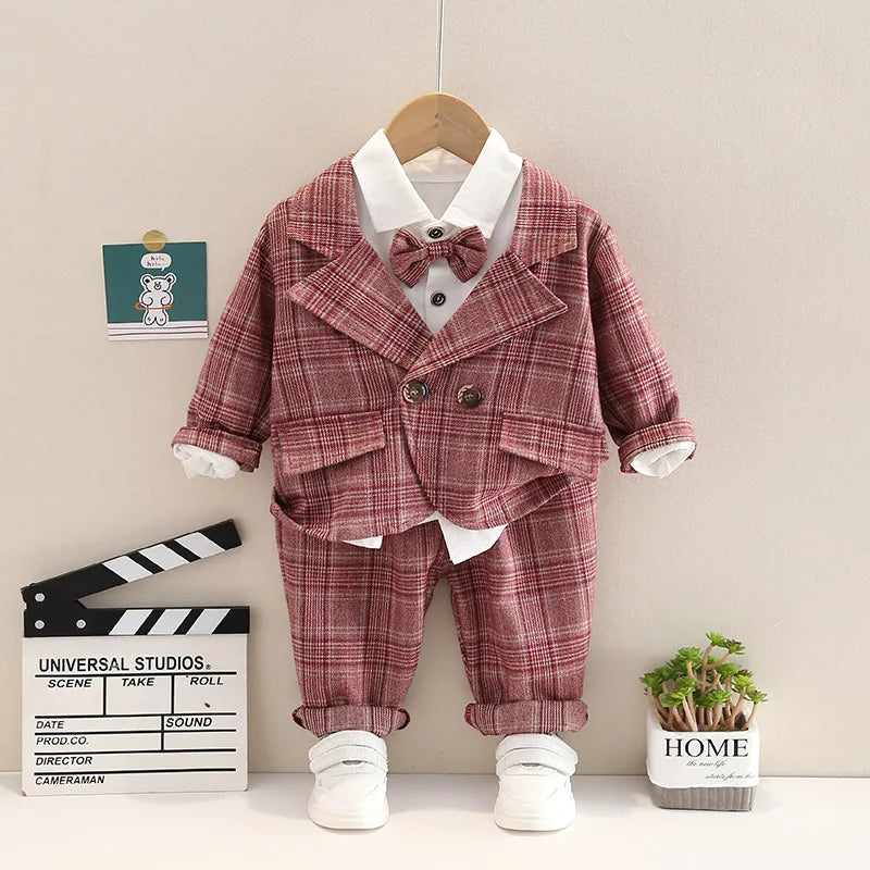 Autumn 0-5-year-old baby lattice long sleeve gentleman suit