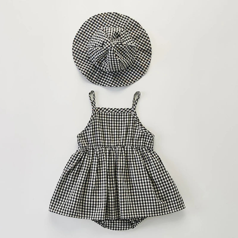 Newborn Baby Girls Jumpsuit+Hat Sleeveless Cotton Plaid Dress