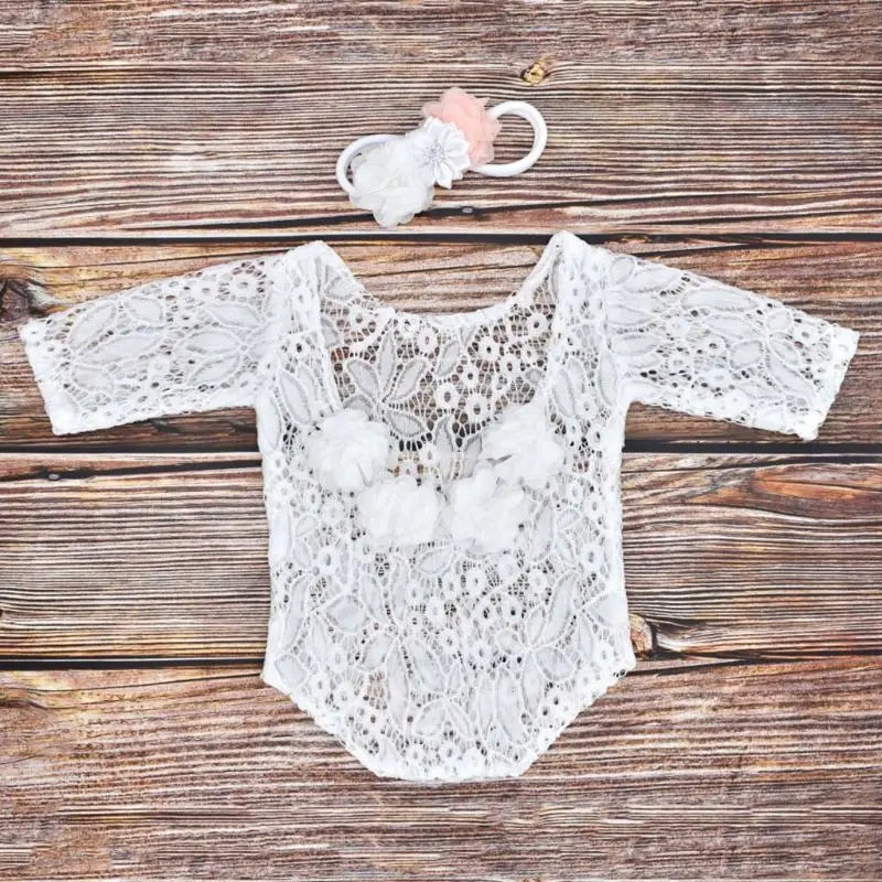 Newborn Lace Romper Jumpsuit+Pearl Headband Set Photo Props