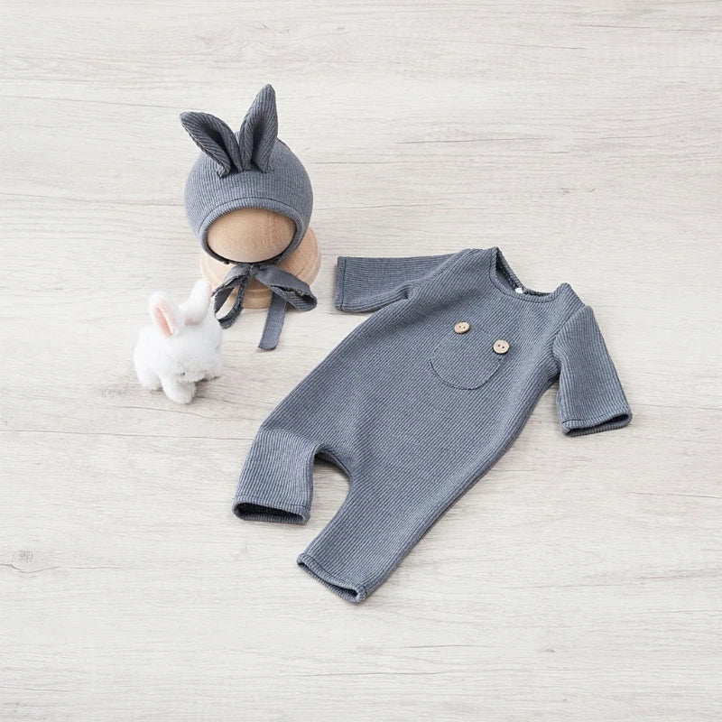 Newborn Photography Props Baby Romper+Rabbit Ear Hat+ Bunny Doll Set