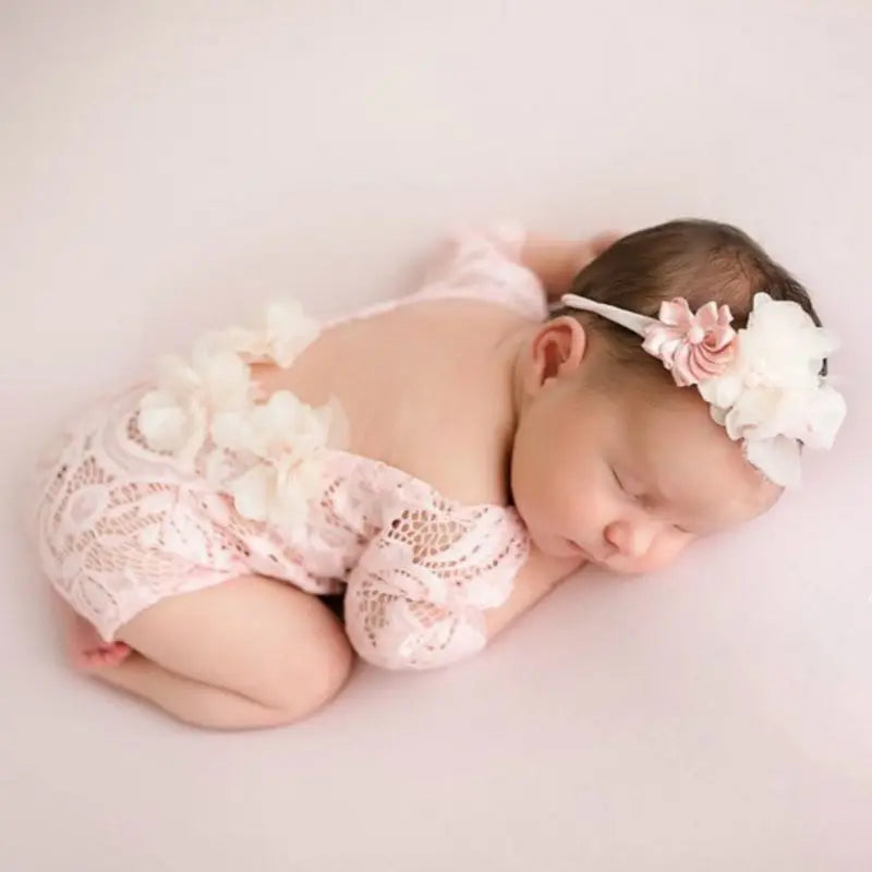 Newborn Lace Romper Jumpsuit+Pearl Headband Set Photo Props