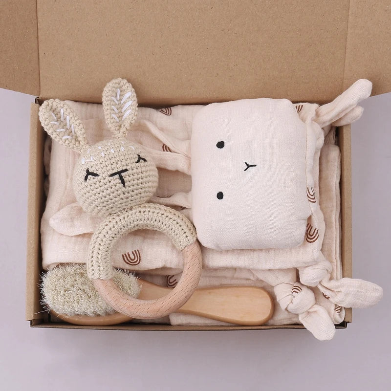 5 Pcs Baby Toys Gifts Wooden Crochet Rattle Teether Wash Facecloth Infants Feeding Bib Appease Towel Hair Brush