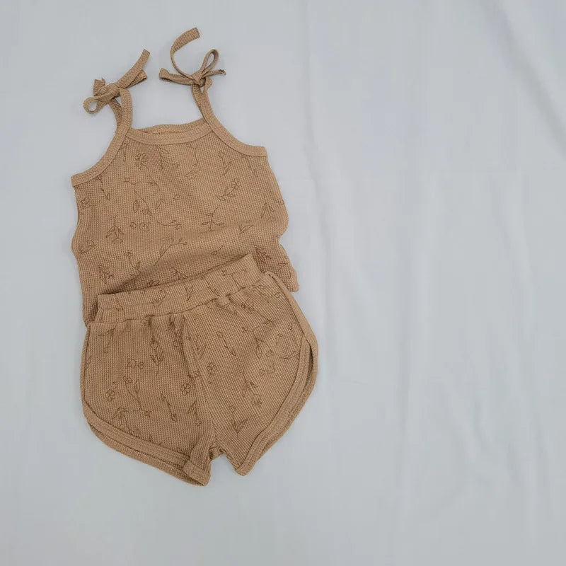 Summer Comfortable Waffle Cotton Baby Girl Vest + Pants 2pcs Set