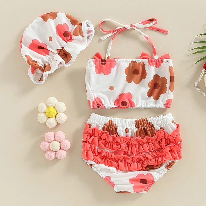 2023 Summer 0-2Y Baby Girls Three Piece Swimsuits Floral Print Halter Bikini Set Bathing Suit with Swim Cap