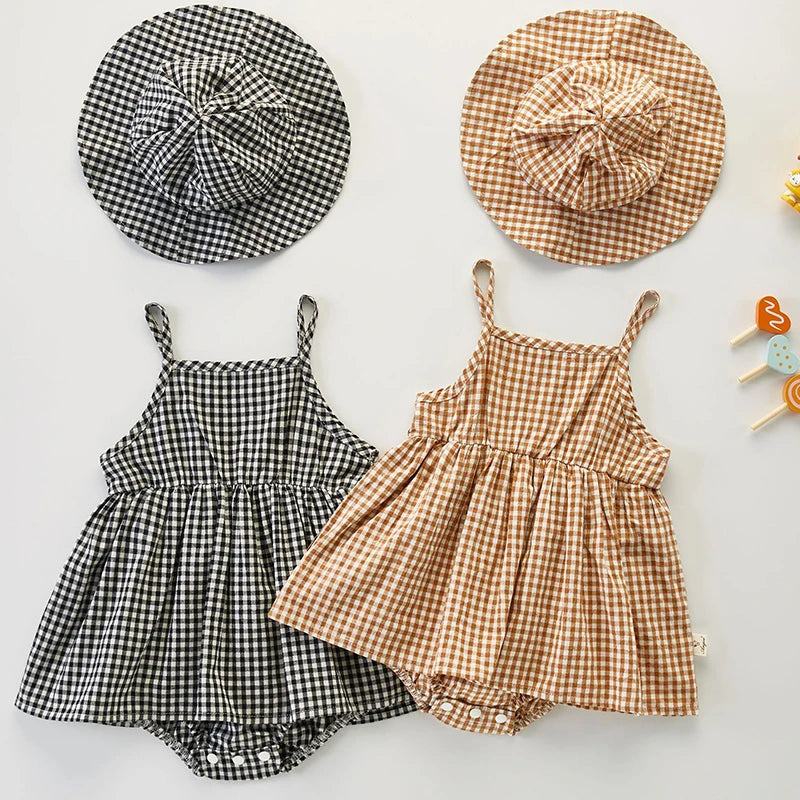 Newborn Baby Girls Jumpsuit+Hat Sleeveless Cotton Plaid Dress