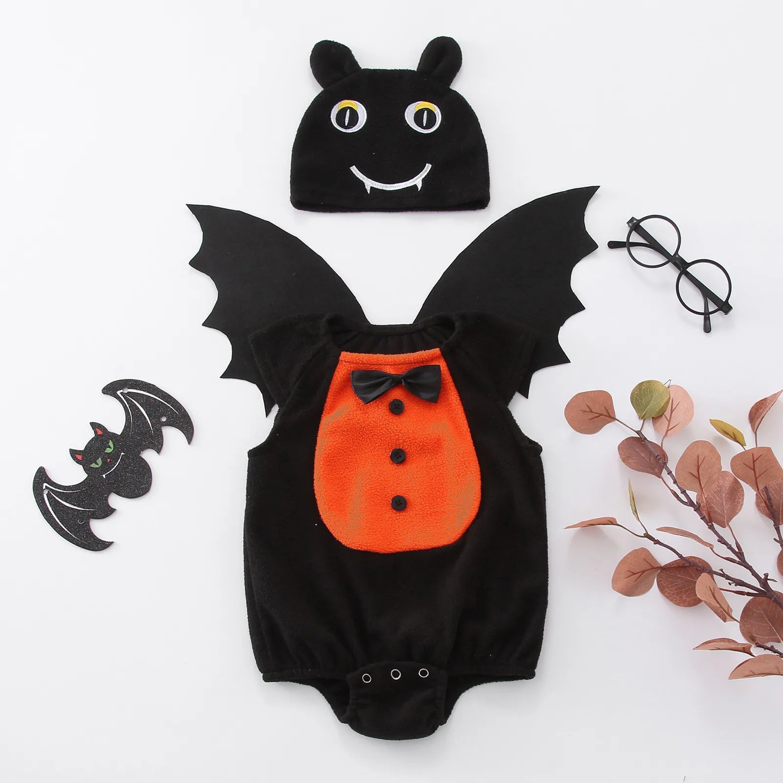 3PCS Baby Halloween Costumes Bat Cosplay Soft Fleece With Wing Hat Set