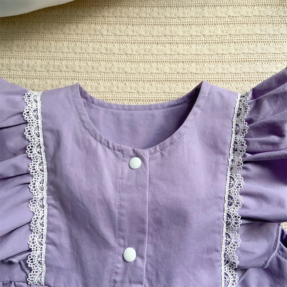 2024 Korean 2PCS Set Cotton Floral Shirts Purple Pants Suit