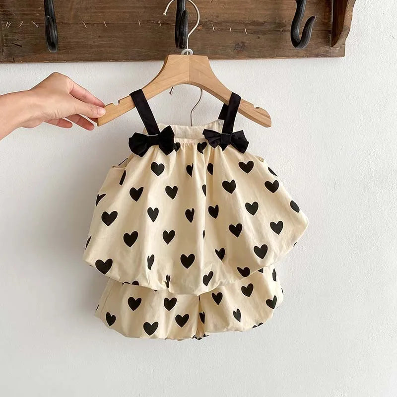 2024 Spring Baby Bow Love Print Suspenders Cotton Tops Suit